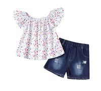Baby Girls Summer Outfits 2PCS Set, Dot Prints Flying Sleeve Top + Fraye Ra He Distressed Denim Shorts Set Summer Casual Loose Clothes for Cute Girl (Beige, 6-12 Months)