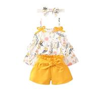 Baby Girls Sunflower Outfits Cute Camisole Top Shorts Set First Birthday Newborn Floral Ruffle Tank Top with Headband 3 Piece Spaghetti Straps (Yellow, 6-9 Months)