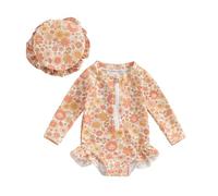 Baby Girls Swimsuit Rashguard Flowers/Strawberries Pattern Jumpsuit Sunsuit Long Sleeve UPF 50+ Ruffles One Piece Swimwear 2 Piece Swimsuits Swimsuit+Sunhat Hawaii Ruffles Swimwear Yellow
