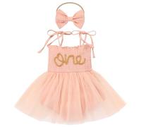 Baby Girls Tutu Dress Layered Tulle 1st Birthday Party Outfit Jumpsuit Romper Dress and Bowknot Headband 2pcs Set Cake Smash Photoshoot Bodysuit Orange 90