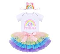 Baby Girls Two Year Old Birthday Girl Outfit Rainbow Bodysuit +Tutu Skirt + Crown 3pcs Set Second 2nd Birthday Cake Smash Princess Tutu Dress Baby Shower Photoshoot Prop Rainbow Two+ Crown 2 Years