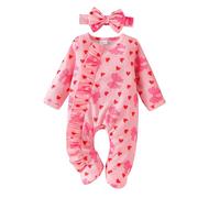 Baby Girls Valentine Jumpsuit with Headband Infant Valentine's Day Love Hearts Footed Bodysuits Winter Long Sleeve Ruffled Crewneck Full Length Cotton Romper Casual Cute (Hot Pink #1, 3-6 Months)
