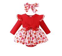 Baby Girl's Valentine's Day Romper Dress Long Fly Sleeve Crew Neck Heart Print Jumpsuit Baby Valentine's Day 2Pcs Outfits Heart Bodysuits Headbands Set Love Print Bow Romper Dress Streetwear
