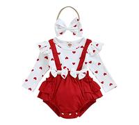 Baby Girl's Valentine's Day Romper Dress Long Fly Sleeve Crew Neck Heart Print Jumpsuit Baby Valentine's Day 2Pcs Outfits Heart Bodysuits Headbands Set Love Print Bow Romper Dress Streetwear