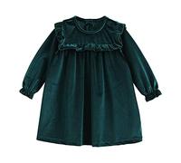 Baby Girls Velvet Dress Vintage Long Sleeve Ruffle Dress Kids Swing A-Line Birthday Party Dress Flower Girl Princess Christmas Winter Fall Dresses Dark Green-Ruffle 6-7 Years