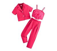 Baby Grow Girls' Net Sleeved Three Piece Set Featuring A Three Flower Pattern The Front A Plunging V Neck Top Suit Jacket and Long Pants ewborn Clothes Girl (Red, 6 Years)