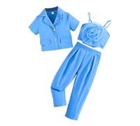 Baby Grow Girls' Net Sleeved Three Piece Set Featuring A Three Flower Pattern The Front A Plunging V Neck Top Suit Jacket and Long Pants ewborn Clothes Girl (Blue, 7 Years)