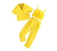 Baby Grow Girls' Net Sleeved Three Piece Set Featuring A Three Flower Pattern The Front A Plunging V Neck Top Suit Jacket and Long Pants ewborn Clothes Girl (Yellow, 8 Years)