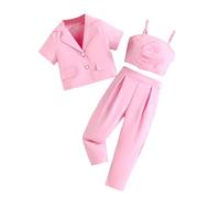 Baby Grow Girls' Net Sleeved Three Piece Set Featuring A Three Flower Pattern The Front A Plunging V Neck Top Suit Jacket and Long Pants ewborn Clothes Girl (8 Years) Pink