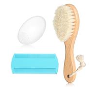 Baby Hair Brush and Comb Set, Wooden Natural Goat Bristles Brush+Comb+ White Cradle Cap Brush Grooming Kit for Newborns Toddlers Boys Girls (Pack of 3)