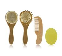 Baby Hair Brush & Comb Set Wooden-Handle Baby Hair Comb Natural Goat Bristle Cradle-Cap Silicone Hairbrush Newborn