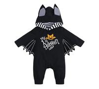 Baby Halloween Bat Hooded Romper, My 1st Halloween Costume | bat wing sleeves, 3D bat ear hood, striped hood lining, snap fastening, black graphic print