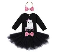 Baby Halloween Costume Newborn Girls First Halloween Outfit Pumpkin Ghost Fancy Dress Up Long Sleeve Romper+Tulle Tutu Skrit+Headband 3Pcs Clothes Set Cake Smash Photo Shoot Black Ghost 9-12 Months