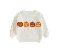 Baby Halloween Knitted Jumper Kids Toddler Boys Girls Pumpkin Embroidered Oversized Knit Sweater Pullover Winter Knitwear Newborn My First Halloween Outfit (Smiley Pumpkins White, 18-24 Months)