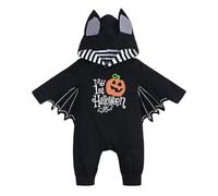 Baby Halloween Romper with Bat Wings and Ears Hood | hooded romper with bat ear detail, striped hood lining, attached bat wing sleeves, My 1st Halloween pumpkin print