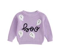 Baby Halloween Sweaters Long Sleeve Round Neck Ghost/Pumpkin Embroidery Jumper Toddler Sweatshirts Halloween Ghost Embroidery Knitwear Top Fall Winter Warm Pullover (Purple-C, 2-3 Years)