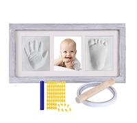 Baby Hand & Footprint Kit, Newborn Keepsake Box in Rustic Farmhouse Frame, Clay Casting Kit for Baby Shower Gifts, Boys & Girls - Baby Nursery Decor - Bonus Stencil Included (Grey)