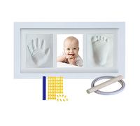 Baby Handprint Print, Baby Newborn Boy & Girls - Non-Toxic White Clay, Wooden Baby Photo Frame Kit for Baby Registry with Alphabet Mould (White)
