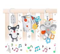 Baby Hanging cot Toy with Rattle and Wind Chime, Black & White High Contrast Animal Rattle Toy 0-12 Months, Ideal for Car Seat, Stroller, Prams (3 Pack) (Black & White)