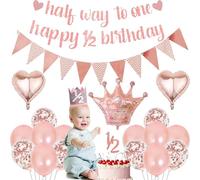 Baby Happy Half Birthday Banner - 20Pcs Rose Gold Half Birthday Happy 1/2 Banner Hat Cake Toppers Pennant Crown Foil Balloon For Baby Year Girl boy Shower Party Decor Supplies