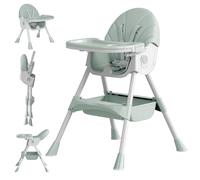 Baby High Chair, 5 in 1 High Chairs for Babies and Toddlers, Travel Foldable High Chair with Foot Rest, Detachable PU Cushion, Double Removable Tray, Adjustable Height & Recline, Locking Wheels