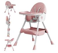 Baby High Chair, 5 in 1 High Chairs for Babies and Toddlers, Travel Foldable High Chair with Foot Rest, Detachable PU Cushion, Double Removable Tray, Adjustable Height & Recline, Locking Wheels