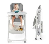 Baby High Chair, Foldable Highchair w/ 7 Heights, 5 Recline Positions, Adjustable Footrest, Removable Double Tray, Storage Basket, Portable for Babies & Toddlers with Wheels (Grey)