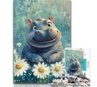Baby Hippo And Flowers Jigsaws 1000 Pieces for Adults,Staycation Kill Time Every Piece Is Unique - Challenging Family Fun Game (38x26cm)