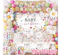 Baby in Bloom Baby Shower Decorations,283 Pcs Spring Baby Shower Decorations include Baby Shower Plates And Napkins,Floral Banner Backdrop Balloon Arch Mom to Be Sash for Baby in Bloom Shower Party