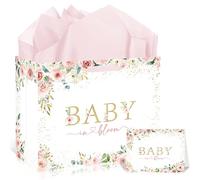Baby in Bloom Baby Shower Decorations Gift Bag, Includes Greeting Card, Tissue Paper - Soft Floral for Baby’s Arrival - Party Supplies for Welcoming Newborns
