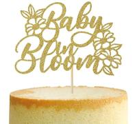 Baby in Bloom Cake Topper, Glitter Design, 14.5 cm x 10 cm, Floral Baby Shower Decoration (Gold)