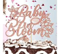 Baby in Bloom Cake Topper, Glitter Design, 14.5 cm x 10 cm, Floral Baby Shower Decoration (Rose Gold)