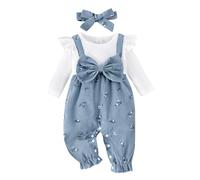 Baby Infant Girls Long Sleeve Romper Floral Print Patchwork Bow Fake Two Pieces Jumpsuits with Cute Headband 2Pcs Clothes Set (Blue, 12-18 Months)