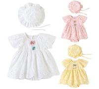 Baby Infant Newborn Cute Romper with Hat Puff Short Sleeve Hollow Solid Ruffles Dress Romper Girls Pleated Lace Breathable Bodysuits Clothes Lightweight Jumpsuits (Pink, 9-15 Months)