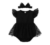 Baby Infant Newborn Toddler Girl Ruffled Sleeve Polka Patchwork Romper Bodysuit Outfits Set, Bowknot Headband Summer Soft Breathable Lightweight Snap Closure Design #D Black