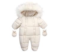 Baby Infant Puffer Down Hooded Jumpsuits Winter Warm Outdoor Snowsuits Romper Solid Thick Long Sleeve Hooded Fuzzy Outwear Jumpsuits Snowsuits for Boys Girls (Beige, 18-24 Months)