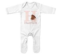 Baby Initial and Name Horse Head Romper Suit - Horse Riding New Baby Gifts for Baby - Show Jumping Rider, White, 3-6 Months