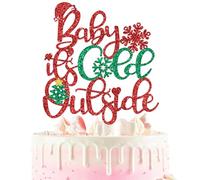 Baby It’s Cold Outside Cake Topper, Christmas Baby Shower Cake Decor, Joy to the World, Frozen Winter Holiday Christmas Baby Shower Party Decorations Supplies Red and Green Glitter