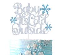 Baby It's Cold Outside Cake Topper, A Little Snowflake is on the Way, Winter Theme Baby Shower/Gender Reveal First Birthdy Party Decorations Supplies, Silver and Blue Glitter