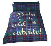 Baby It's Cold Outside Tartan Checked Quilt Duvet Cover and 2 Pillowcase Bedding Bed Set, Blue, Double
