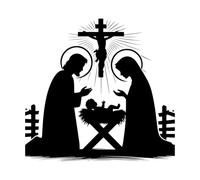 Baby Jesus in a Manger with Mary and Joseph Mural and Wall Vinyl Decal 54.6x57.3cm Equipped with Transfer Film kit Black