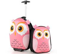 BABY JOY 2 Pcs Kids Luggage Set, 16" Rolling Suitcase w/ 12" Backpack, Airline Approved Kids Carry On Luggage with Wheels for Girls & Boys Toddlers, White, 12 x 8.5 x 16 inches, Owl