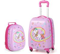 BABY JOY 2 Pcs Kids Luggage Set, 16" Toddlers Carry-on Suitcase & 12" Backpack Set, Children Travelling Case w/ 4 Casters, Retractable Handle, Lightweight Trolley Case for Girls, Multicolor, White