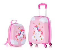 BABY JOY 2 Piece Kids Luggage Set, 16 Inch Toddler Carry-on and 12 Inch Backpack, Kids Travel Suitcase with 4 Wheels, Retractable Handle, Lightweight Trolley Suitcase for Girls, Pink, 9 x 12.5 x 19