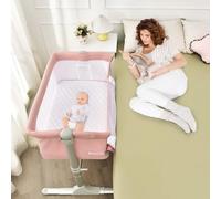 BABY JOY Baby Bedside Crib, Portable Bassinet w/Carrying Bag, Easy Folding, Kids Bed Side Sleeper for Newborn Infant w/Detachable Mattress, Straps, Height & Angle Adjustable, Breathable Mesh, Pink