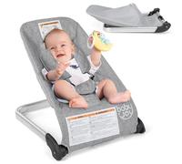 BABY JOY Baby Bouncer, Foldable Baby Seat with 5-Point Safety Harness, Removable Fabric Cover, Portable Bouncer for 0-6 Months Babies (Light Grey)