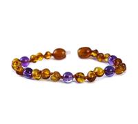 Baby J's - Cognac and Amethyst Coloured Bracelet/Anklet - Premium Amber Bracelet - Handcrafted with 100% Baltic Amber - Fitted with a Safety Screw Clasp - Knotted to Prevent Scattering - 14cm