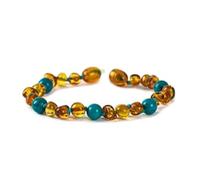 Baby J's - Cognac and Turquoise Coloured Bracelet/Anklet - Premium Amber Bracelet - Handcrafted with 100% Baltic Amber - Fitted with a Safety Screw Clasp - Knotted to Prevent Scattering - 13cm