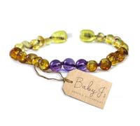 Baby J's - Lemon, Honey and Amethyst Coloured Bracelet/Anklet - Premium Amber Bracelet - Handcrafted with 100% Baltic Amber - Fitted with a Safety Screw Clasp - Knotted to Prevent Scattering - 16cm