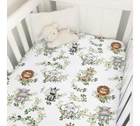 Baby Jungle Safari Animals Green Leaves Crib Fitted Sheet 52''x28'' Lion Hippo Elephant Giraffe Zebra Snug Fitted Crib Mattress Cover for Boy Girl Nursery Bed Sheets for Standard Toddler Mattress